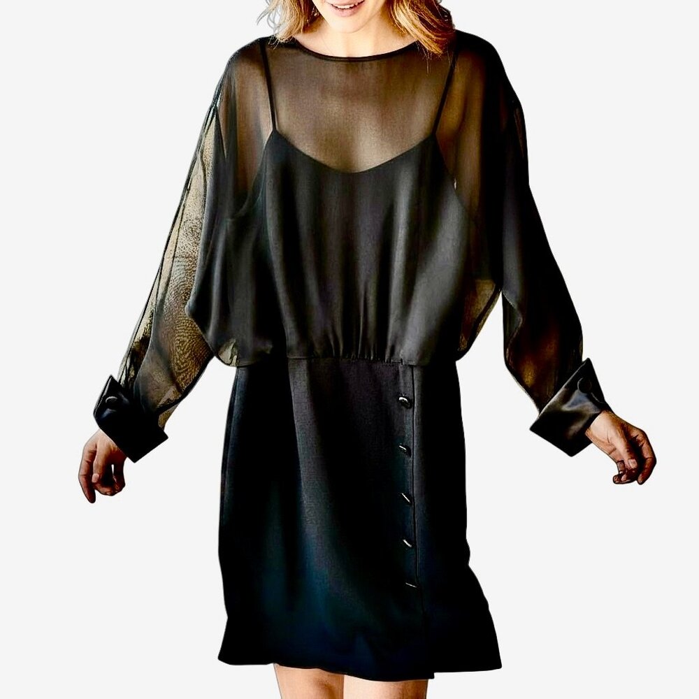Vtg Morton Myles For The Warrens Black Dress Sheer Sleeve Chiffon Cocktail 12